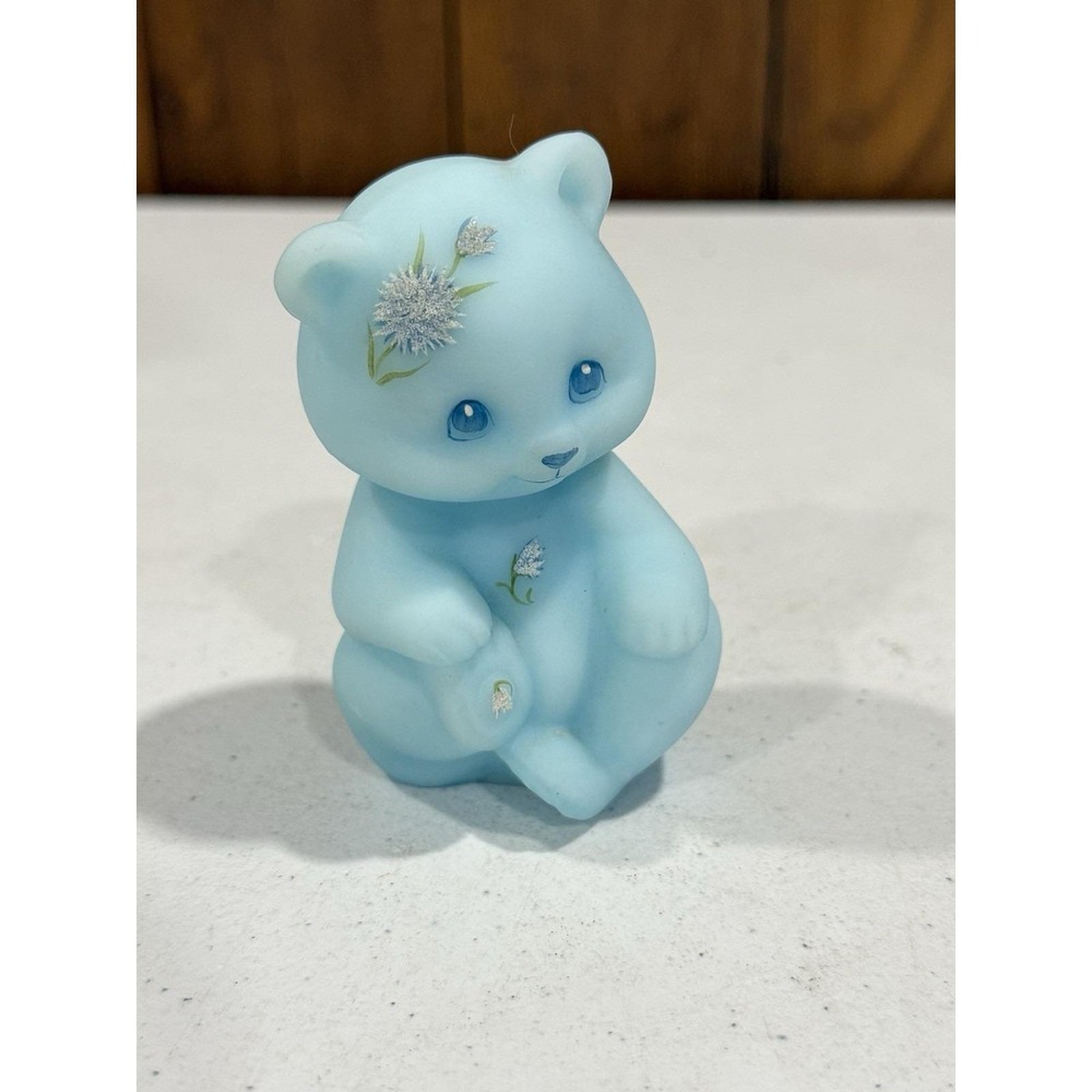 VTG Fenton Blue Satin Glass Bear Hand-Painted Floral Design Artist Signed